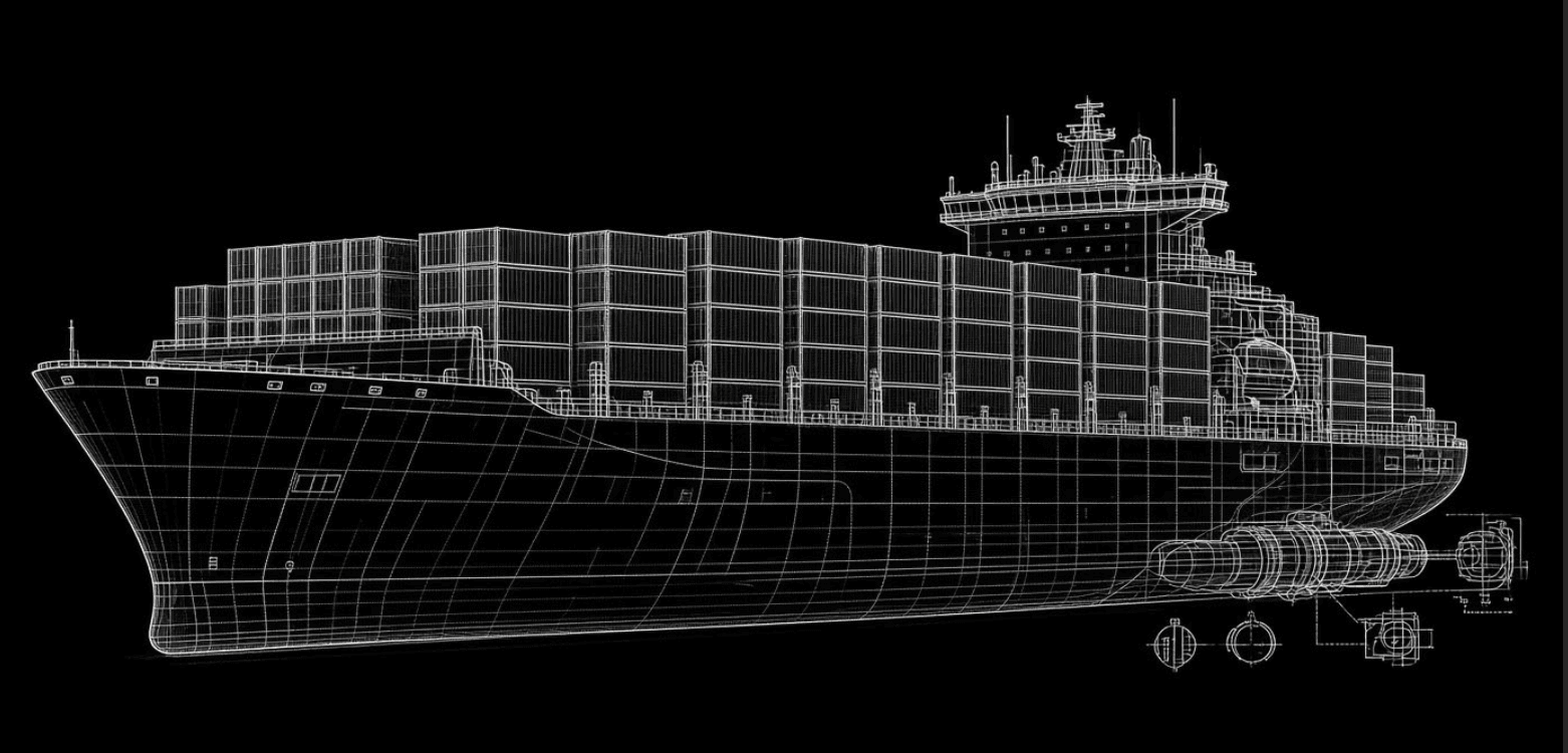 Technical wireframe rendering of a container ship
